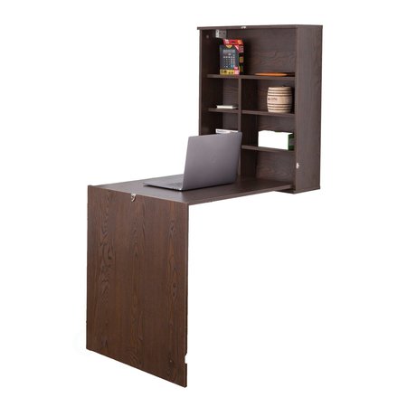 BASICWISE Wall Mount Laptop Fold-out Desk with Shelves, Brown QI003558.B